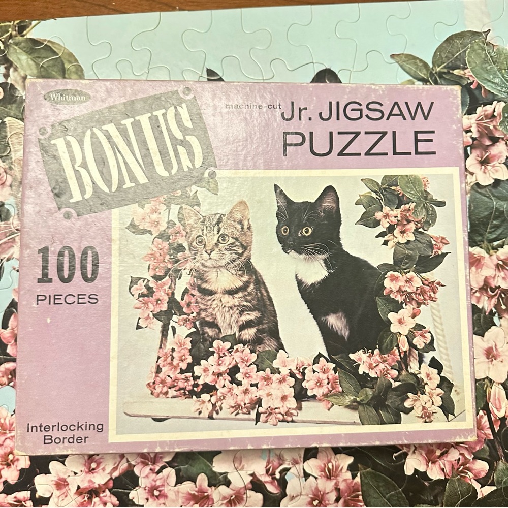 Vintage Whitman BONUS Jr. Jigsaw Puzzle - Kittens on Swing, 100 Pieces, Complete